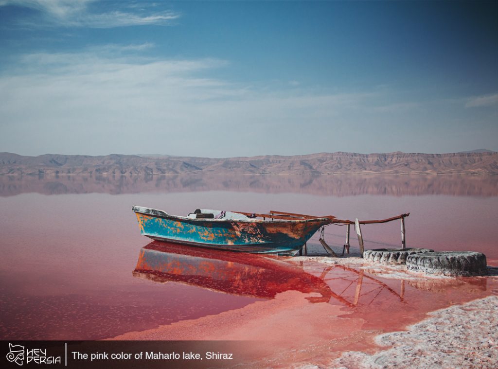 The pink color of Maharloo lake in Iran